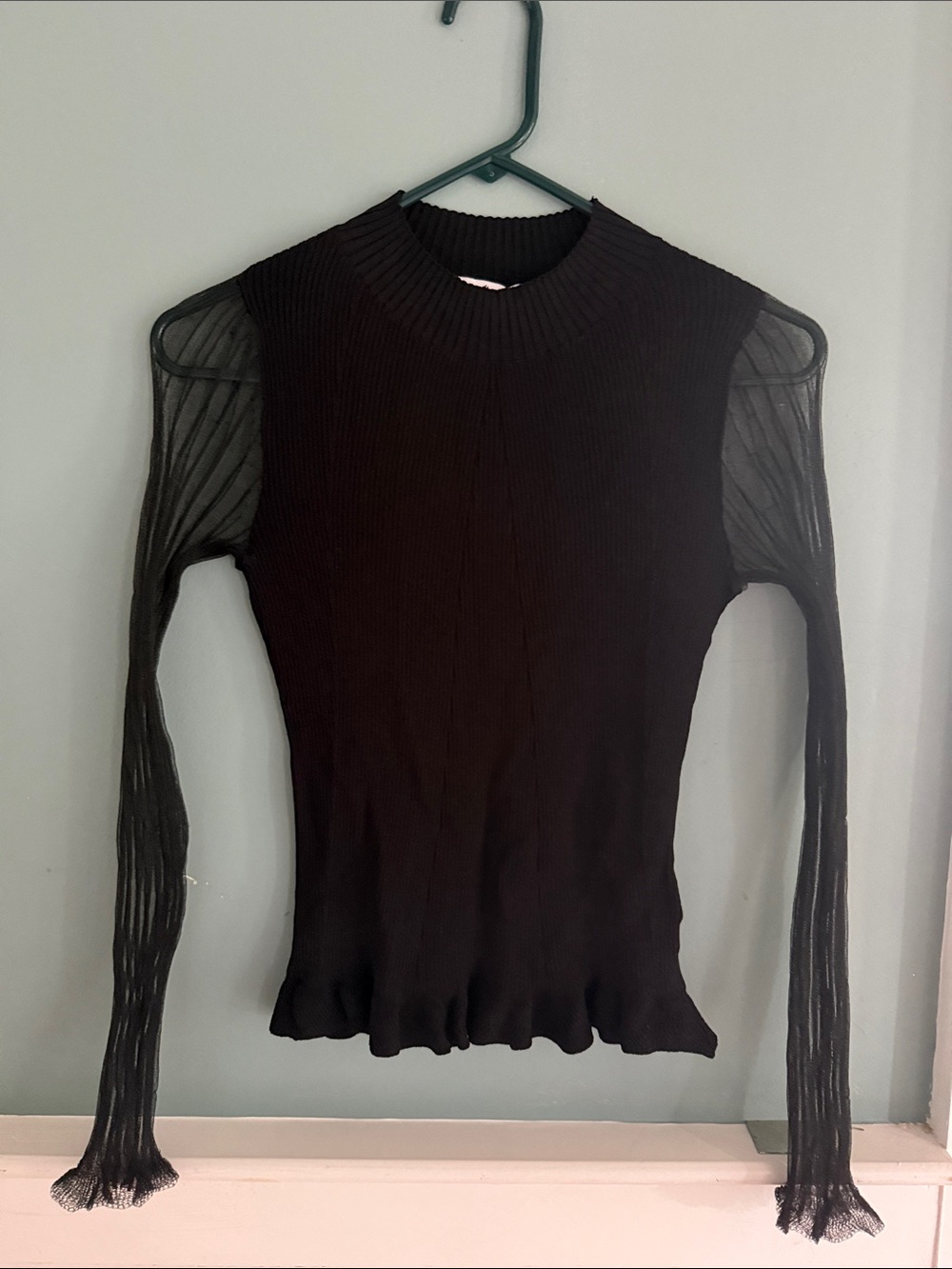 Sam Edelman Black Ribbed Knit Top with Sheer Long Sleeves